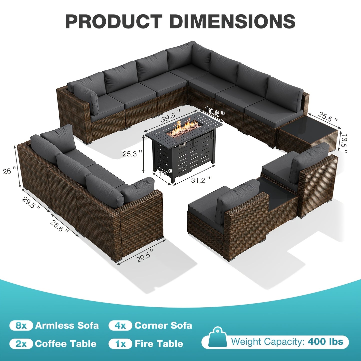 PATIOFIT 8/12/15pcs Outdoor Patio Furniture Set with 40in Fire Pit Table Wicker Rattan Sectional Sofa with Thick Cushions, Coffee Table & Waterproof Cover, Beige Cushions