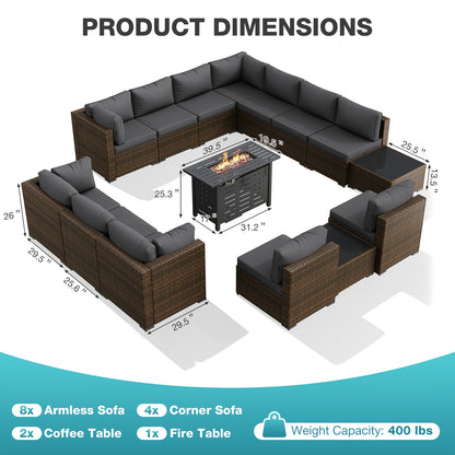 PATIOFIT 8/12/15pcs Outdoor Patio Furniture Set with 40in Fire Pit Table Wicker Rattan Sectional Sofa with Thick Cushions, Coffee Table & Waterproof Cover, Beige Cushions