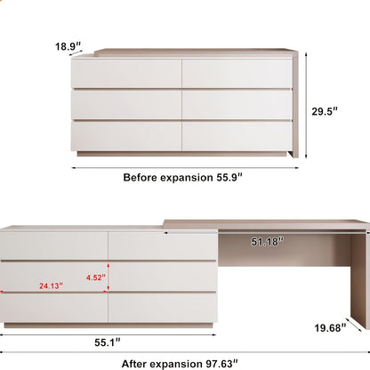 Modern Expandable Desk, 97.63-inch L-shaped Corner Computer Desk with 6 Drawers, Suitable for Home Office and Study Space, White and Khaki
