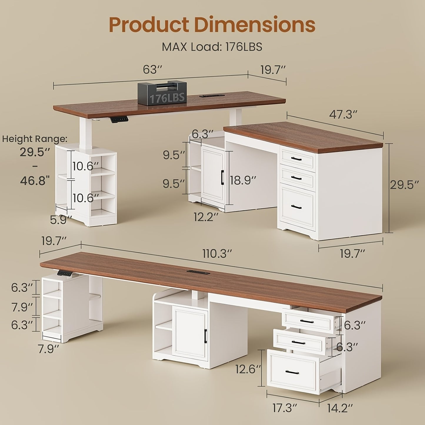 Farmhouse L Shaped Electric Standing Desk | 63" x 67" Height Adjustable, Metal, 3 Drawers and Shelves, Freestanding, Plug Powered