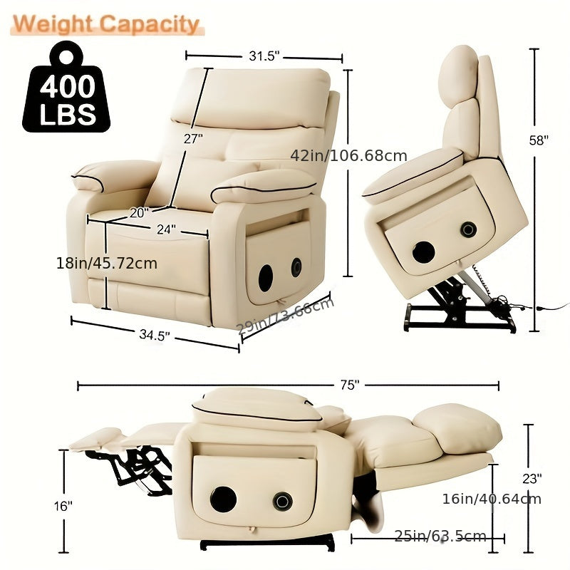 Infinite Position Electric Lift Recliner with Wireless Charger and Cup Holder, Vibration Massage and Heating, Genuine Faux Leather, Beige, Brown Silvery Gray Color Optional