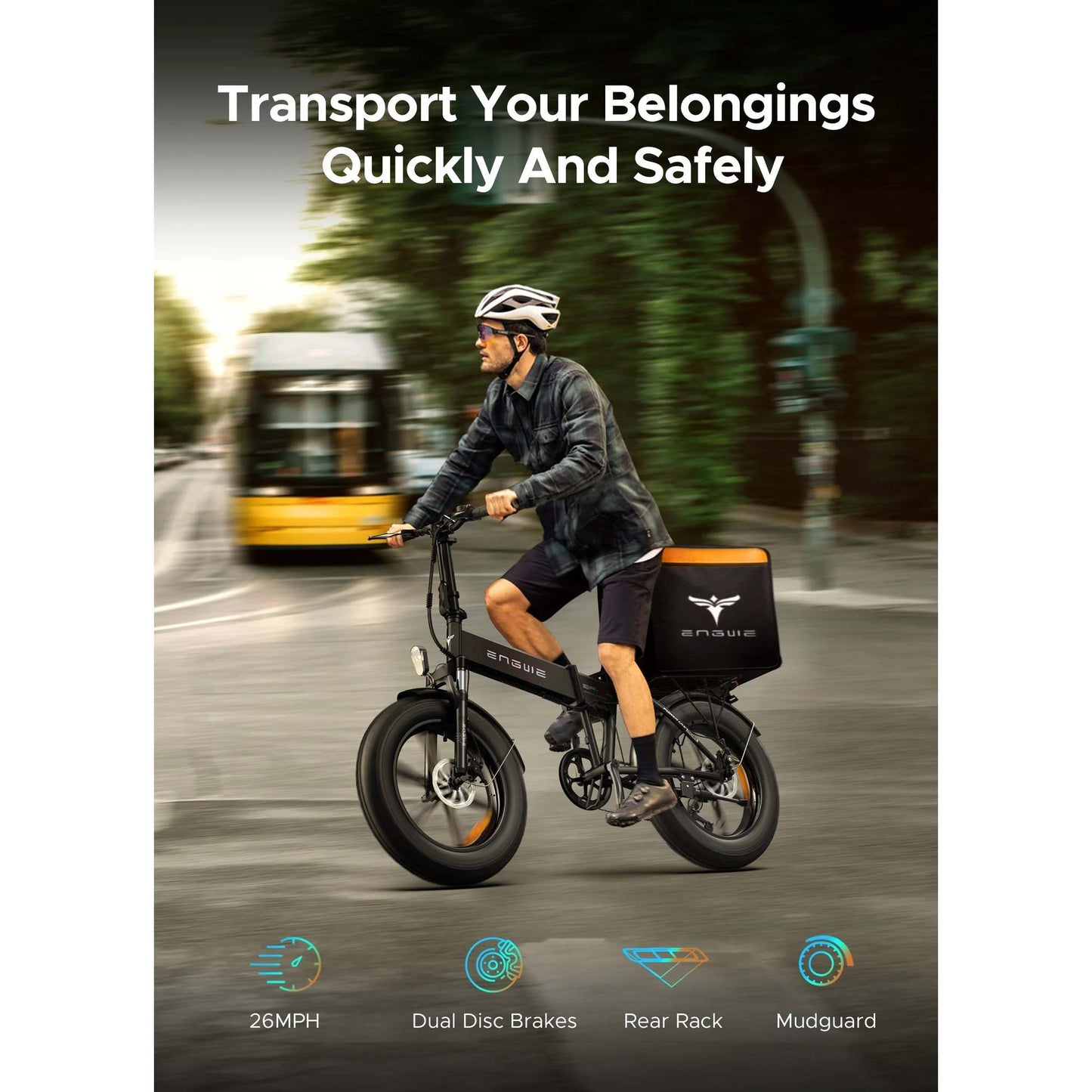 folding fat tire electric bike features a 750W motor, with 960W peak power, high-capacity lithium battery, and 20-inch all-terrain tires for versatile commuting.