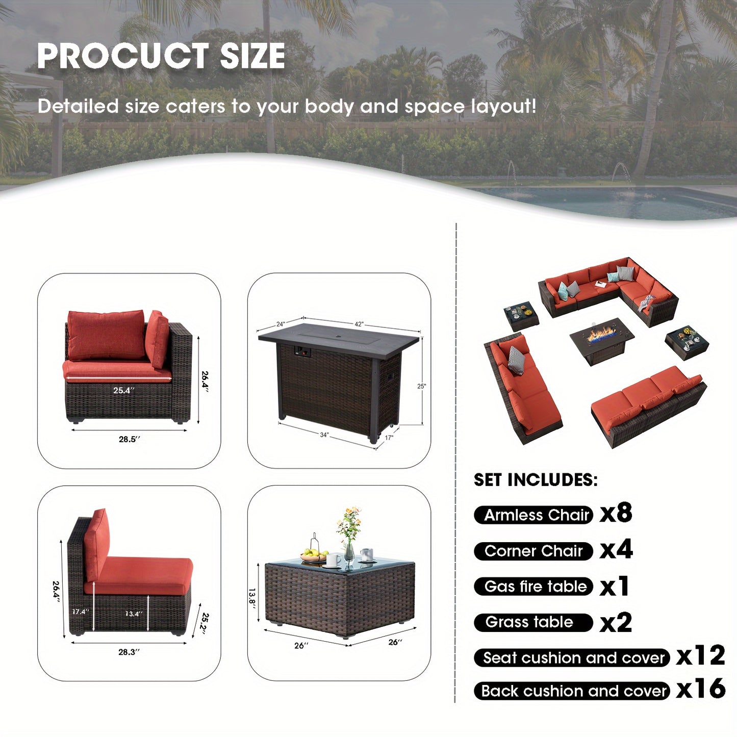 15pcs Patio Furniture Sectional Sofa with Fire Pit Table, Outdoor PE Rattan Patio Conversation Set with Glass Coffee Tables And Cushions for Garden, Poolside, Backyard