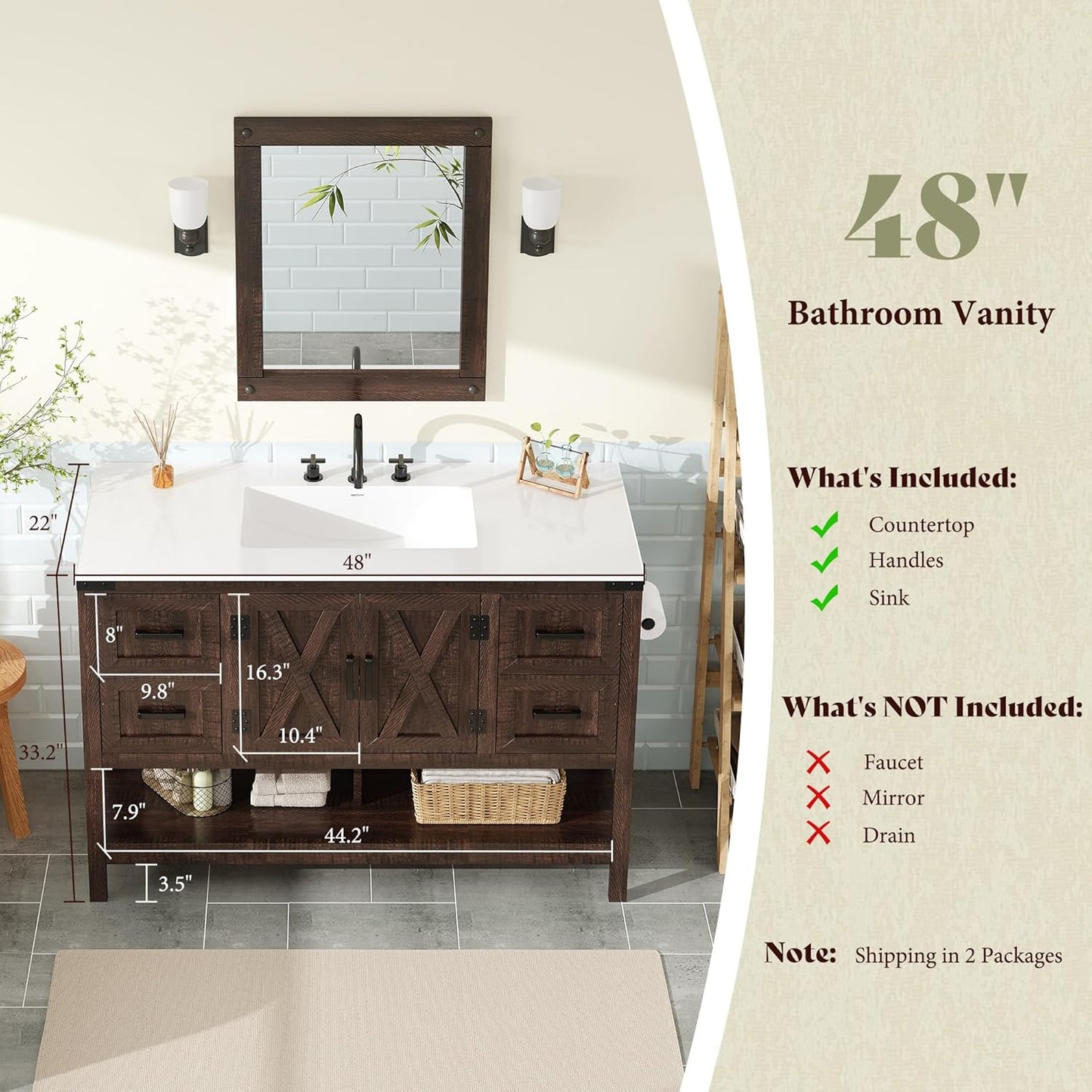 48 Inch Modern Farmhouse Bathroom Vanity with Barn Door Cabinet & 4-Drawer Storage - & Wood Tone Freestanding Sink Unit, Engineered Wood/MDF Suitable for Bathrooms
