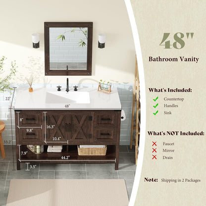 48 Inch Modern Farmhouse Bathroom Vanity with Barn Door Cabinet & 4-Drawer Storage - & Wood Tone Freestanding Sink Unit, Engineered Wood/MDF Suitable for Bathrooms