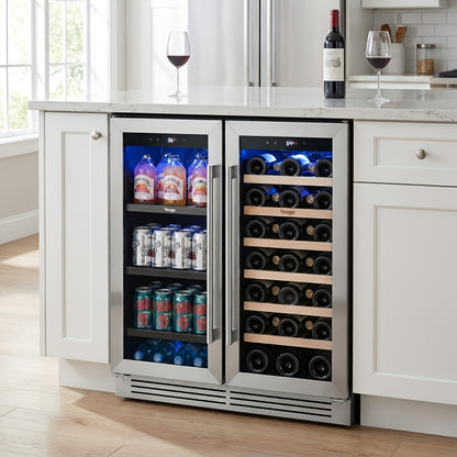 Yeego Wine And Beverage Refrigerator, 30 Inch Dual Zone Wine & Beverage Cooler, 33 Bottles & 80 Cans, Freestanding/Built-in Glass Door with Digital Control & Blue LED Display, 36-72°F Double Door Wine Refrigerator, Ideal for Bar/Home/Restaurant