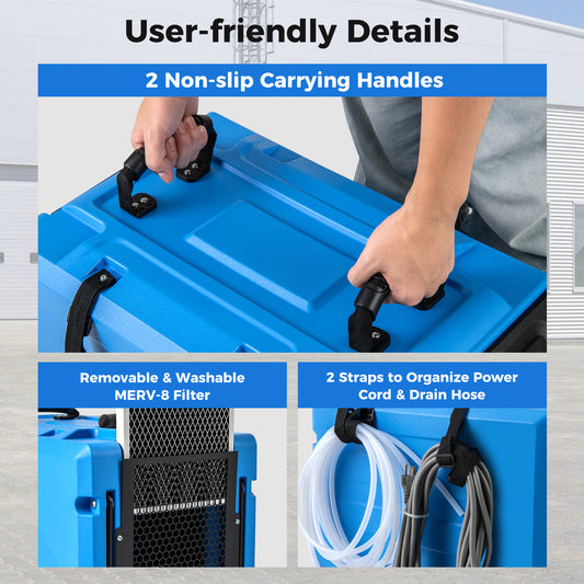 COSTWAY 190 PPD Commercial Dehumidifier W/ Pump, Rotational Molded Industrial Dehumidifier W/ 2 Wheels, Handle & Drain Hose for Water Damage Restoration, Basement, Crawl Space, Up to 9000 Sq. Ft
