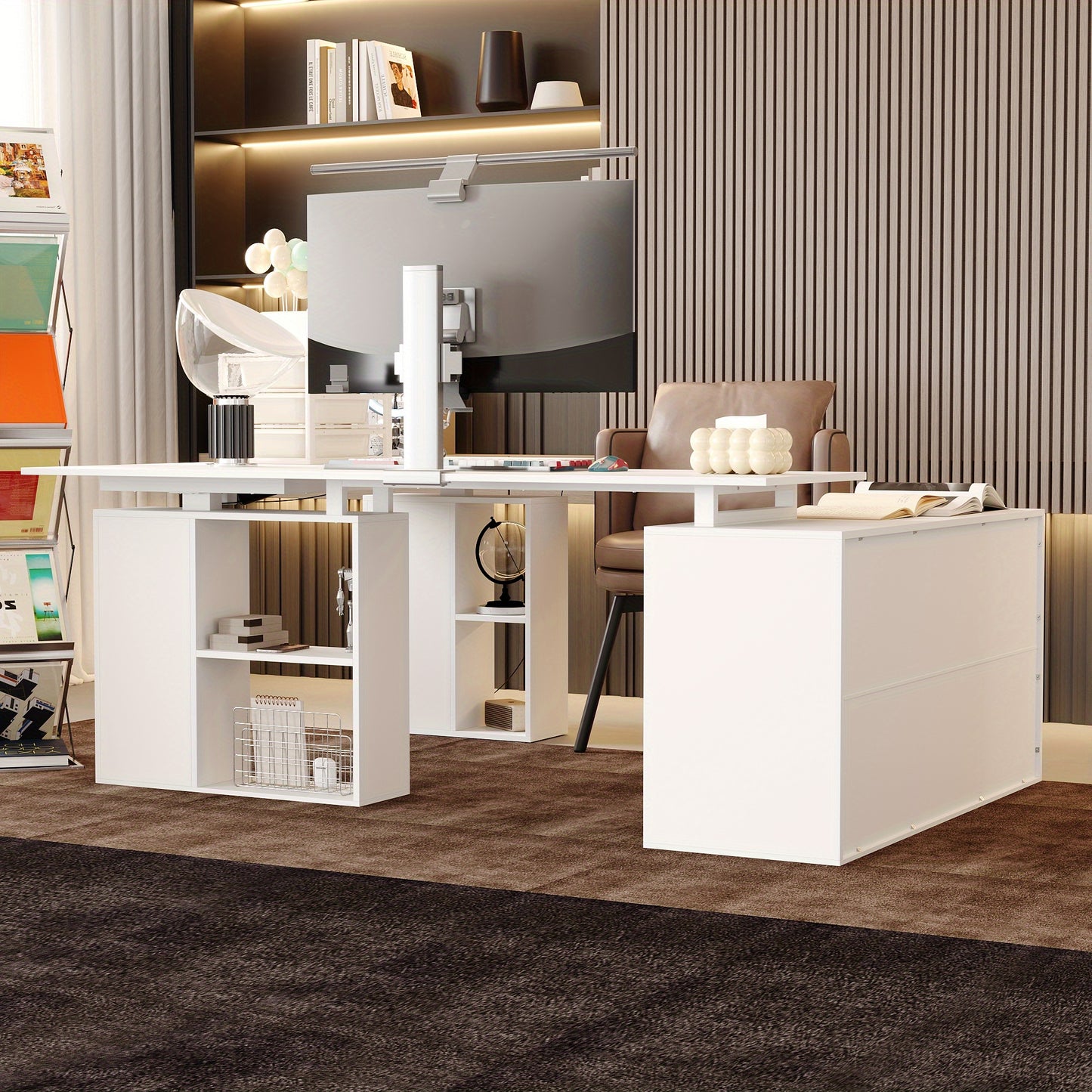 Electric Height Adjustable Standing Computer Desk With Open Storage Shelves, Adjustable Height Office Desk With With Drawer, Administrative Corner Desk, Modern Design, White