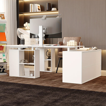 Electric Height Adjustable Standing Computer Desk With Open Storage Shelves, Adjustable Height Office Desk With With Drawer, Administrative Corner Desk, Modern Design, White