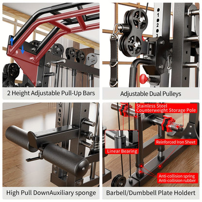 Smith Machine, Multi-function Squat Rack Power Cage L05 with Cable Crossover System, Strength Training Equipment, with Optional Weight Bench, Barbell Weight Set, for Home Gym
