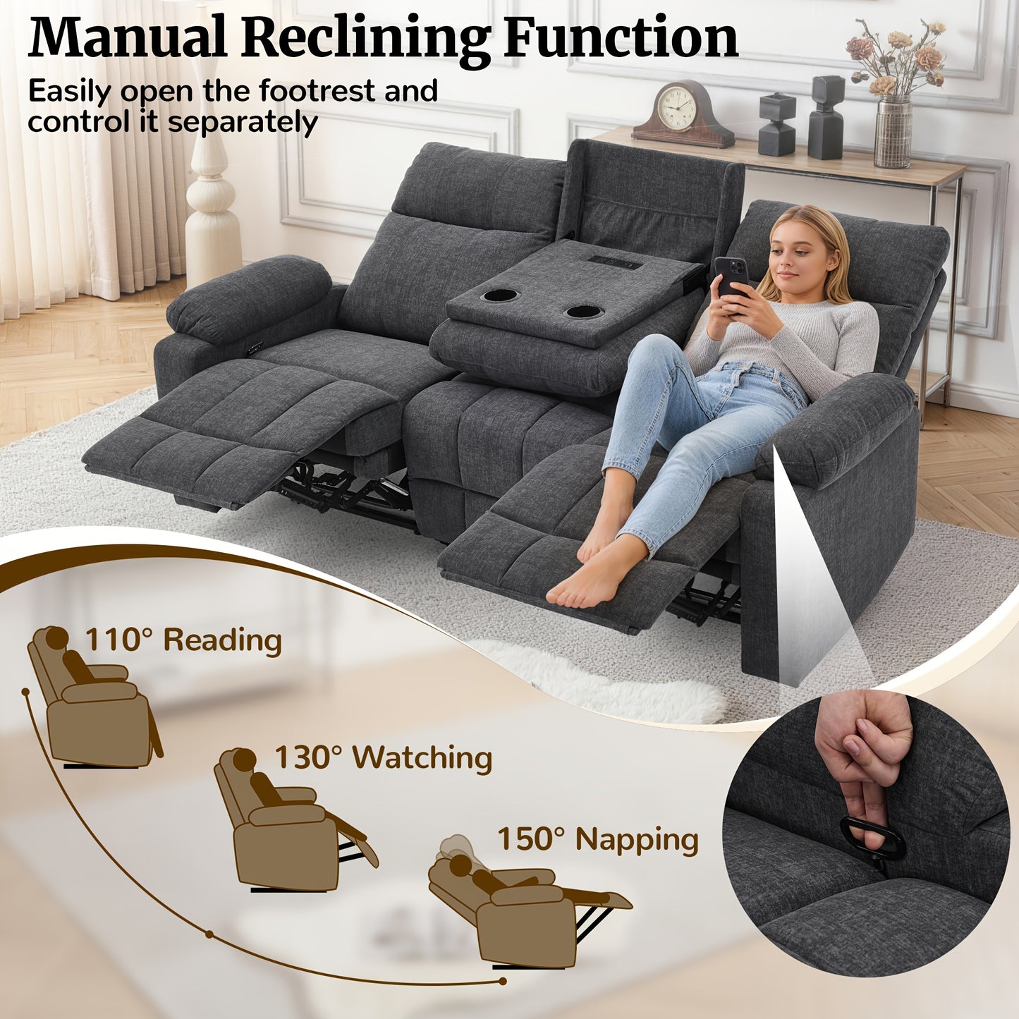 Three-Person Sofa Design, Middle Backrest Flip Design, Three-Seat Reclining Sofa, Recliner Sofa with USB Port, Manual Living Room Sofa