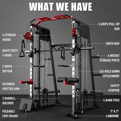 Home Gym with a Smith Machine, Featuring a 2200 Lbs Power Rack Cage, Cable Crossover, Weight Bar, 360° Landmine, Barbell Holders, And Various Attachments for Comprehensive Body Strength Training