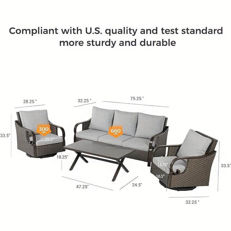 4pcs Frame Wicker Patio Furniture Set with Cushioned Swivel Rocking Chairs & Coffee Table - -Weather Indoor/Outdoor Sofa Suitable for, Deck, Poolside, for Celebrations