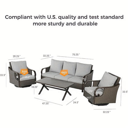 4pcs Frame Wicker Patio Furniture Set with Cushioned Swivel Rocking Chairs & Coffee Table - -Weather Indoor/Outdoor Sofa Suitable for, Deck, Poolside, for Celebrations