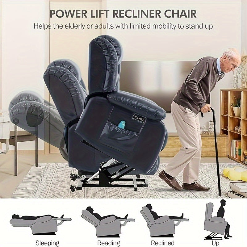 Dual Motor Lay Flat Power Lift Recliner Chair For Elderly Armchair Adjustable Breathable Leather Sofa Chair With Massage And Heating For Living Room Infinite Position Lift Recliner (Navy Blue)