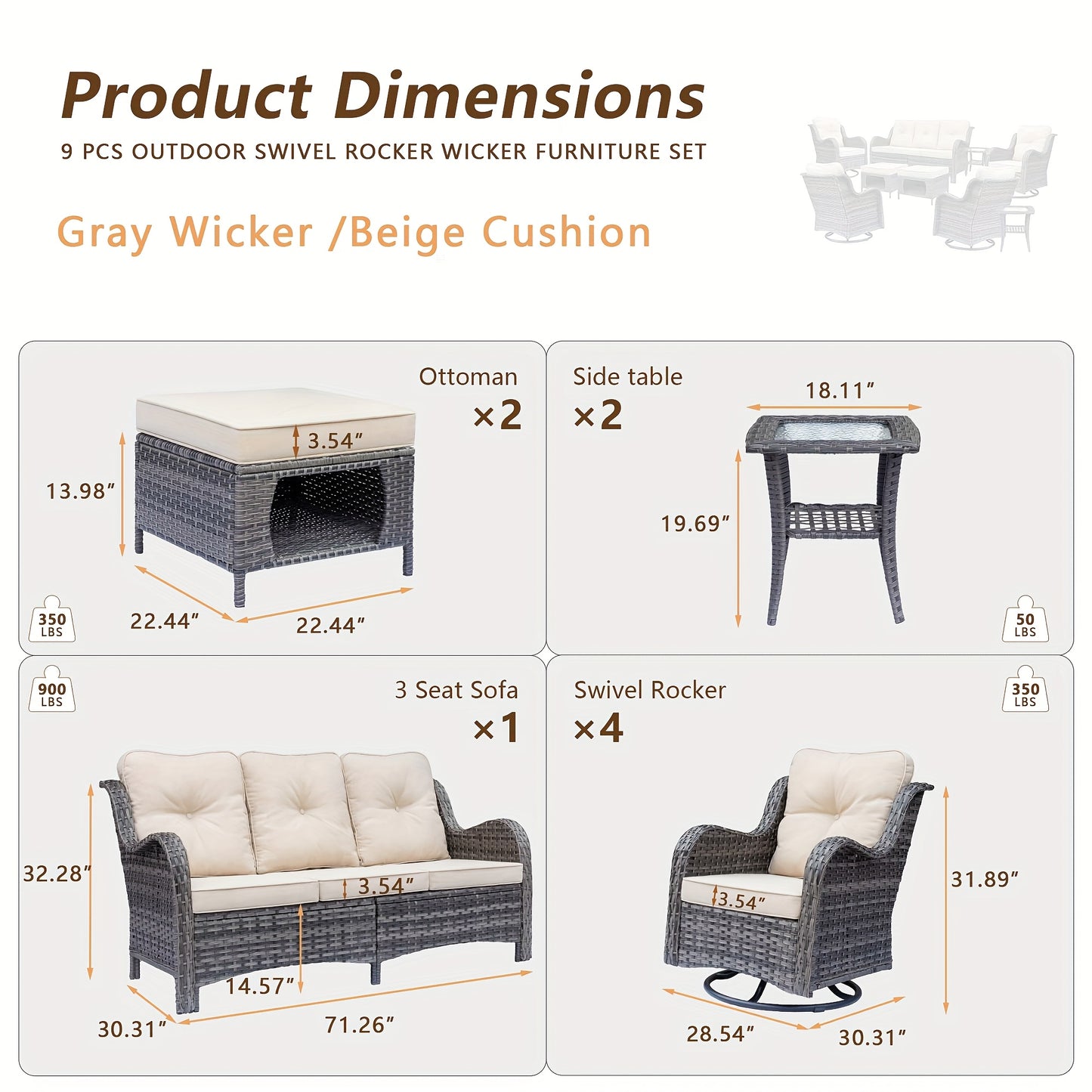 9pcs Outdoor Rattan Furniture Set Made from All-Weather Materials, Featuring 360° Swivel Rocking Chairs, a Sofa, Ottomans, And a Tempered Glass Side Table. This High-Quality Wicker Is Built to Last