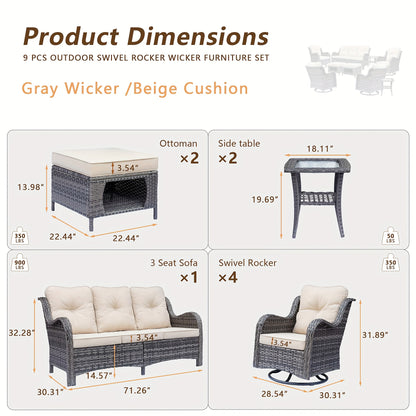 9pcs Outdoor Rattan Furniture Set Made from All-Weather Materials, Featuring 360° Swivel Rocking Chairs, a Sofa, Ottomans, And a Tempered Glass Side Table. This High-Quality Wicker Is Built to Last