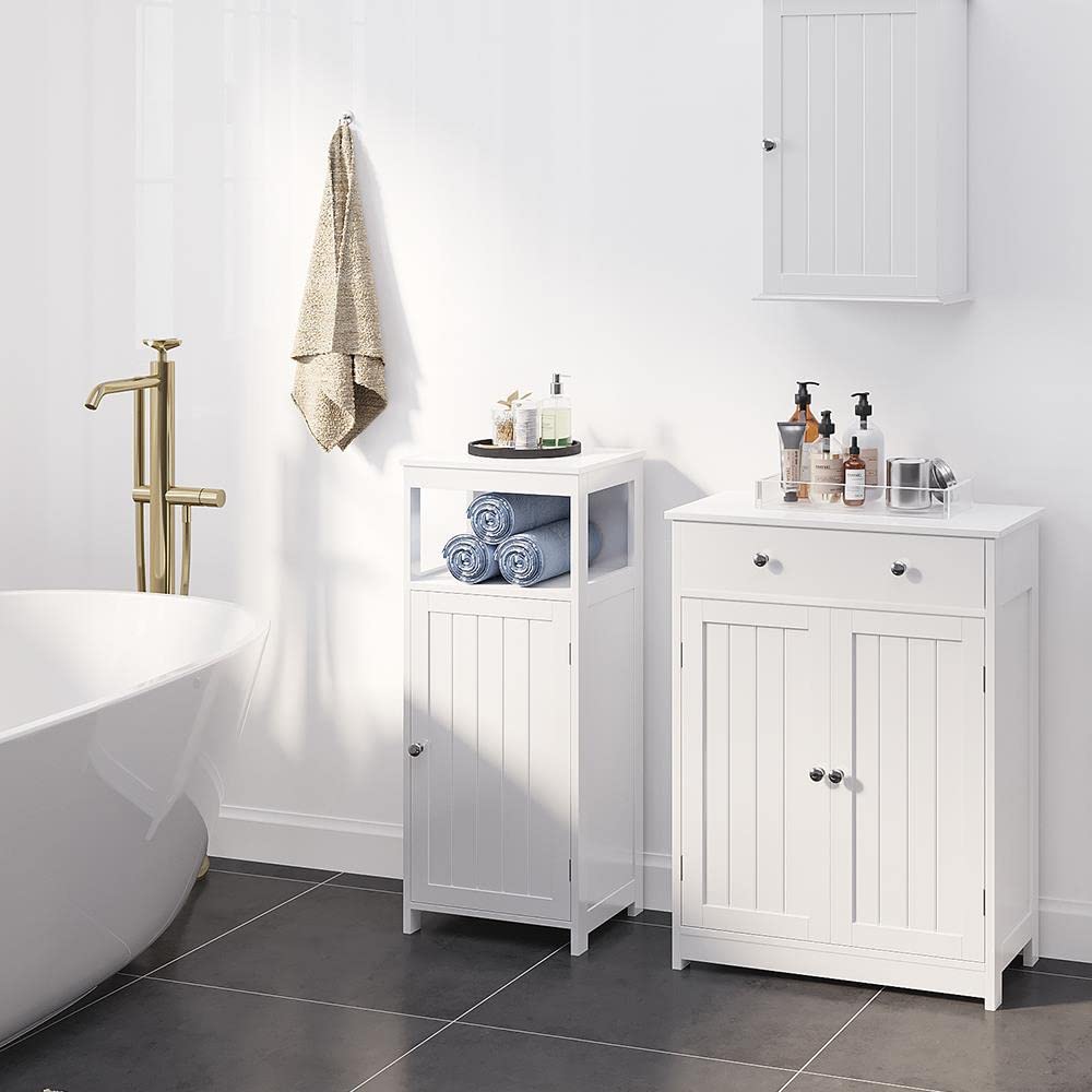 Free Standing Bathroom Cabinet with 1 Drawer 2 Doors and Adjustable Shelf, Wooden Entryway Storage Cabinet, White