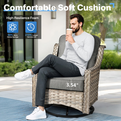 5pcs Outdoor Patio Furniture Set with 2 Swivel Chairs, 1 Outside Sofa, 1 Side Table and 1 Solar Lighting Glass Coffee Table - All-Weather Wicker Patio Conversation Set Modern Design for Garden, Deck, and Porch Decor