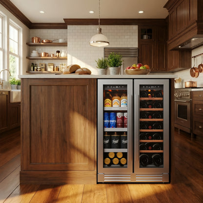 24 Inch Dual Zone Wine And Beverage Refrigerator Cooler - 60 Can And 20 Bottle LED Beverage Fridge - US 115V & Wine Refrigerator with 34°F -54°F Temperature Control, Beverage Cooler Built In Or Freestanding, Perfect for Home/Kitchen(4.10 Cu.ft)