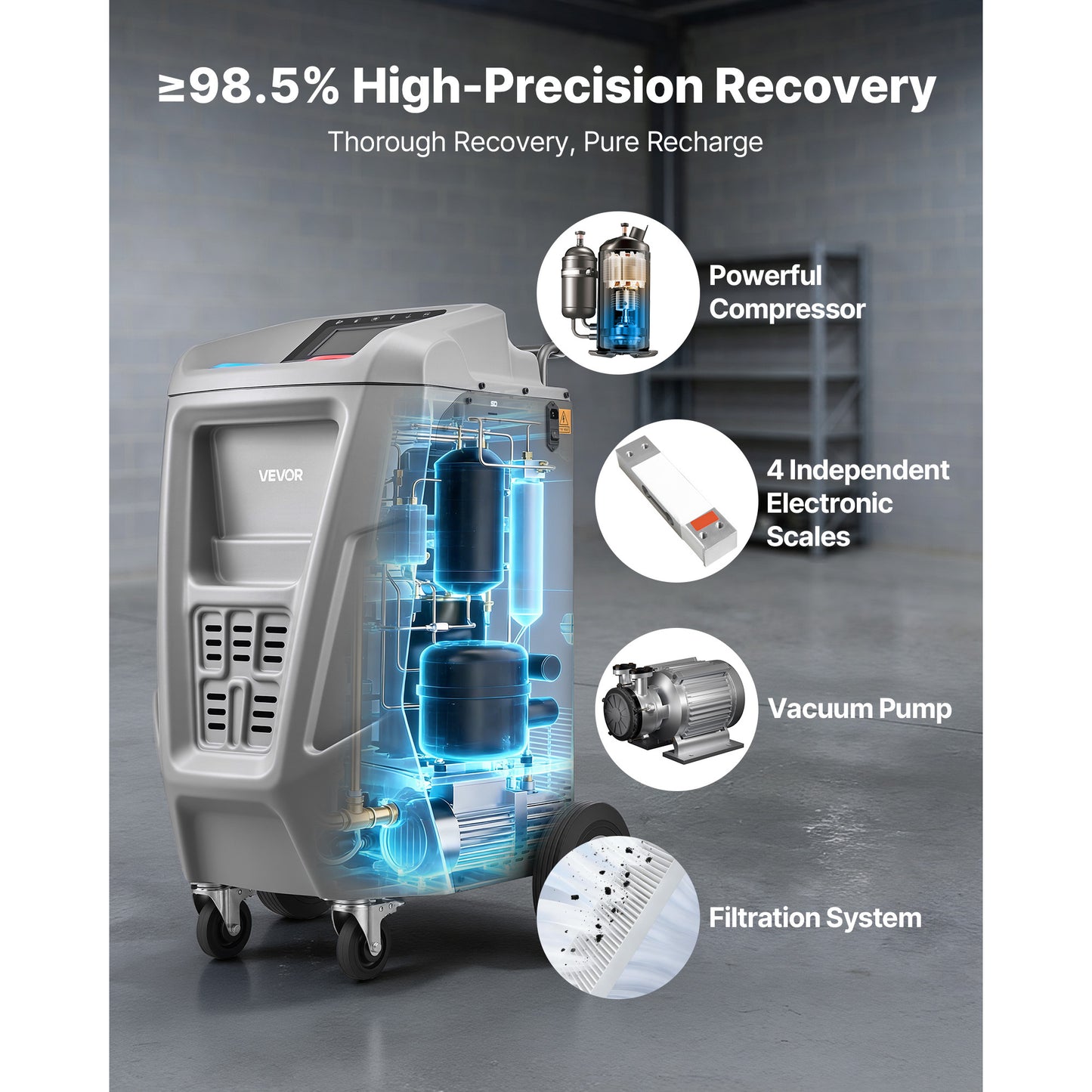 Fully Automatic Refrigerant Recovery Machine for 1234yf, ≥98.5% Accuracy, 7-Inch Touch Screen, AC Recovery, Vacuum, and Recharging Machine for Standard and High Voltage Automotive A/C Systems