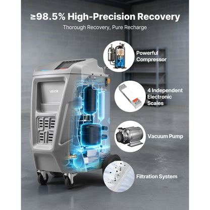Fully Automatic Refrigerant Recovery Machine for 1234yf, ≥98.5% Accuracy, 7-Inch Touch Screen, AC Recovery, Vacuum, and Recharging Machine for Standard and High Voltage Automotive A/C Systems