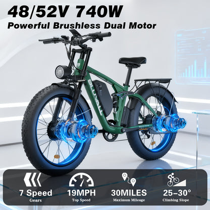 Bluvall 740W Adult Electric Bike with Dual Motor 80NM Torque & 48V/52V 22.4AH Removable Battery - 26" All-Terrain Tire Mountain Bike, 30-Mile Range, 7-Speed, Front/Rear Motor, 15-20MPH Speed, 300lb Capacity, 40-Mile Range, Disc Brakes & Susp