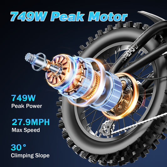 GT16 Electric Bike for Adults, 749W Peak Motor, 27.9MPH Max Speed, 48V 25A Removable Battery, Up to 75 Miles Long Range, LED Headlight & Taillight, 16" Tire Off-Road E-Bike