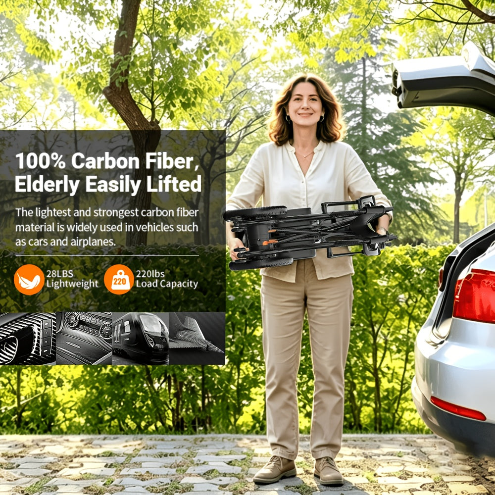 Carbon Fiber 25 Mile Long Range Adult Electric Wheelchair No Installation, One-Step Folding And Unfolding, Lightweight 15Kg, 300Lbs Load Capacity, Compact Enough to Fit in Luggage, Perfect for Travel, Park & Beach Outings, Portable Power Chair