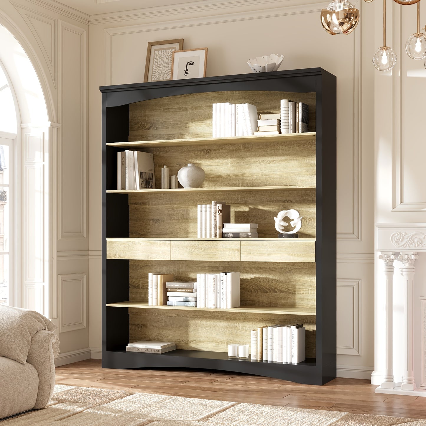 78.7'' H Modern Bookcase Wall With 3 Drawers, 6-Tier Office Bookshelf Storage Organizer | Display Shelf Unit For Home Office & Living Room, Stylish Design, Oak & Black, Hardwood Material, Floor Mount