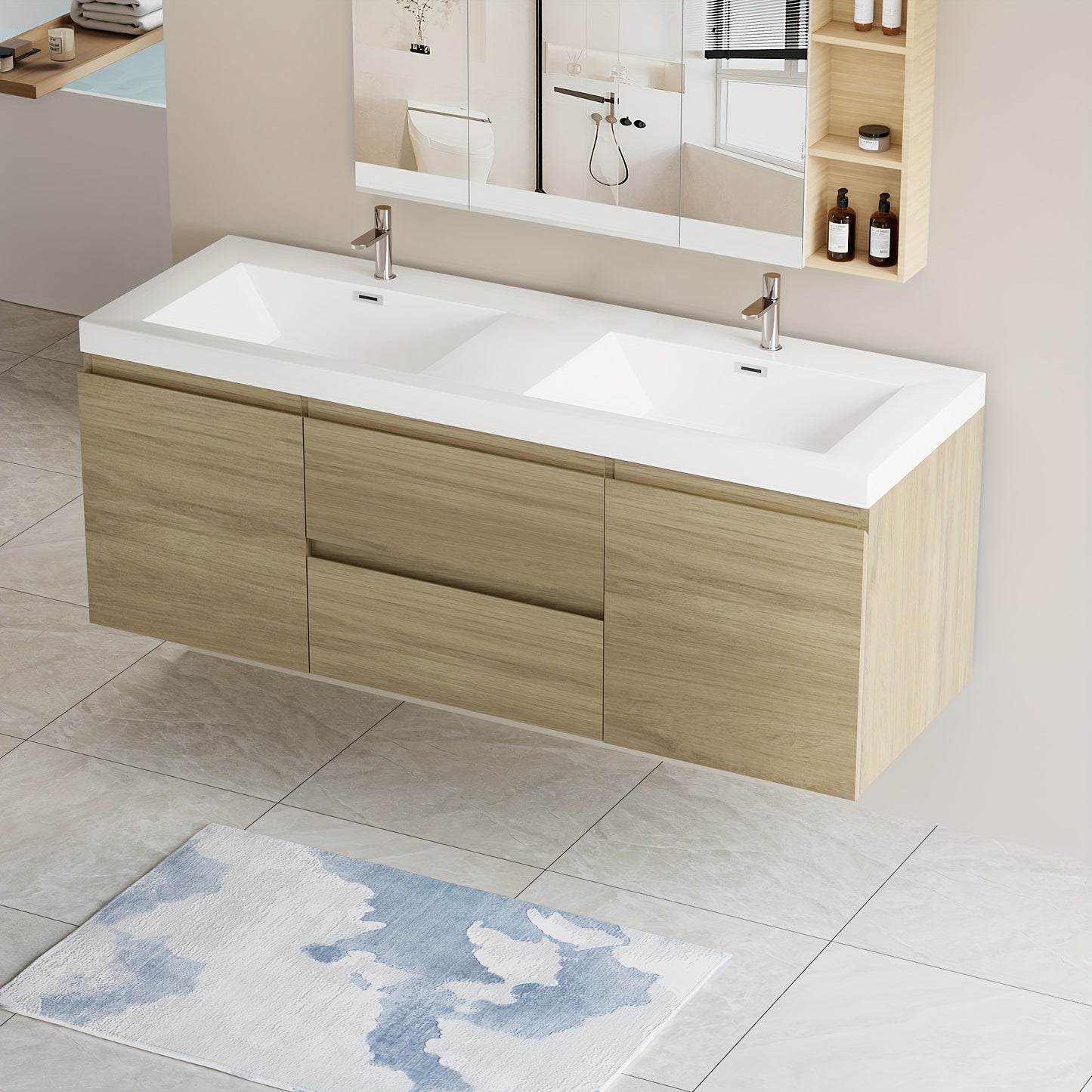 60" Modern Floating Wall-Mounted Bathroom Vanity with Double Sink - Natural Oak Wood, Large Storage & Soft-Close Drawers, One-Piece White Resin Countertop Sink, Space-Saving Design, Easy Install (Faucet/Drain Not Included)