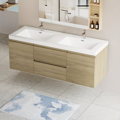 60" Modern Floating Wall-Mounted Bathroom Vanity with Double Sink - Natural Oak Wood, Large Storage & Soft-Close Drawers, One-Piece White Resin Countertop Sink, Space-Saving Design, Easy Install (Faucet/Drain Not Included)