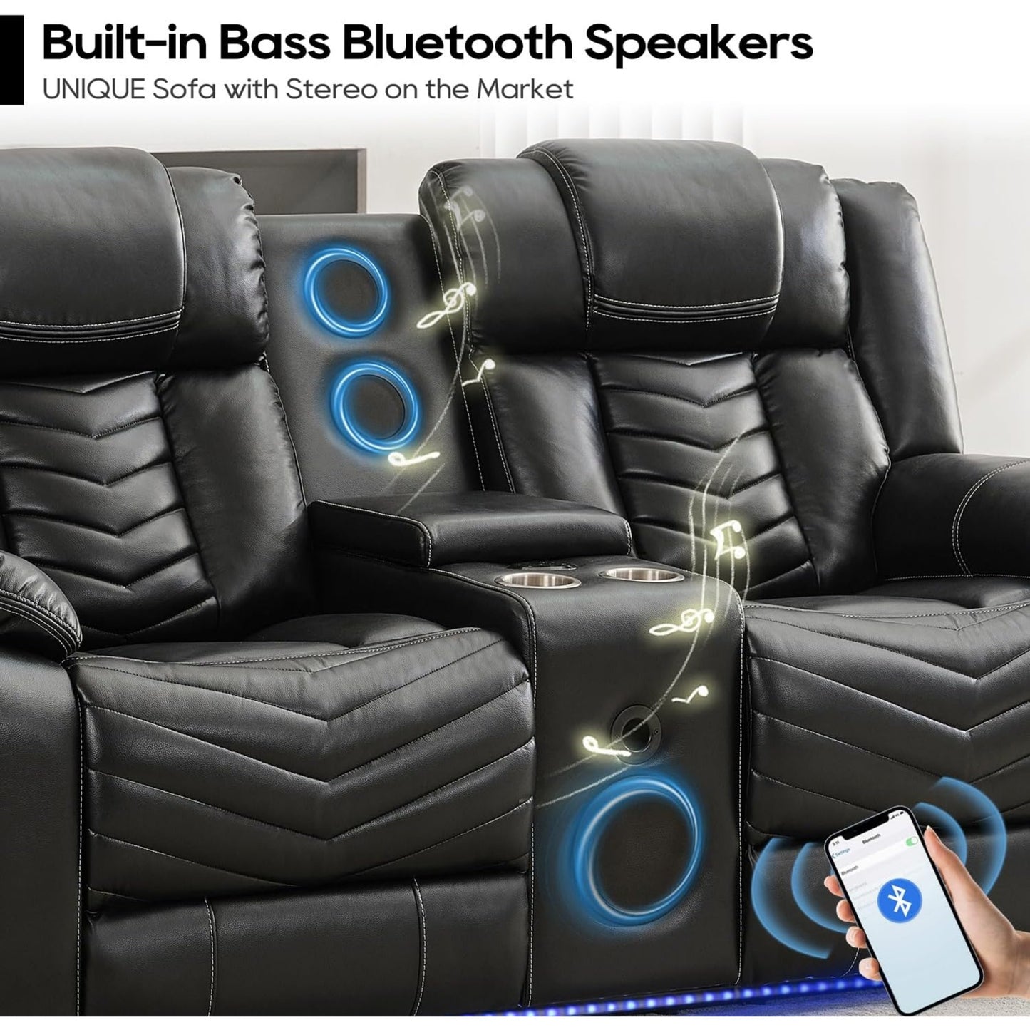 Manual Recliner Sofa Set with Wireless Charger for Living Room, Faux Leather 3 Seater Reclining Sofa and Loveseat Seating Couch with Bass Speakers, LED Lights.