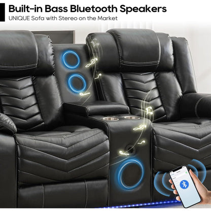Manual Recliner Sofa Set with Wireless Charger for Living Room, Faux Leather 3 Seater Reclining Sofa and Loveseat Seating Couch with Bass Speakers, LED Lights.