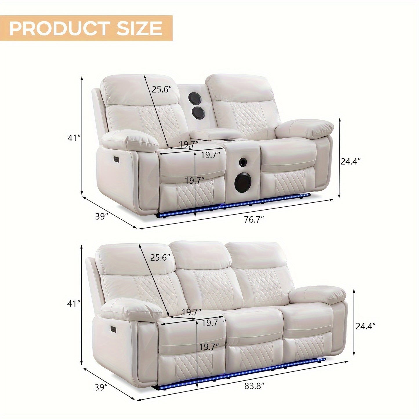 Home Theater Seating, Faux Leather Power Reclining Sofa Set with LED Lights, Bass Speakers, Cup Holders & Drop Down Table for Living Room, Media Room