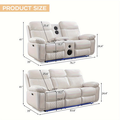 Home Theater Seating, Faux Leather Power Reclining Sofa Set with LED Lights, Bass Speakers, Cup Holders & Drop Down Table for Living Room, Media Room