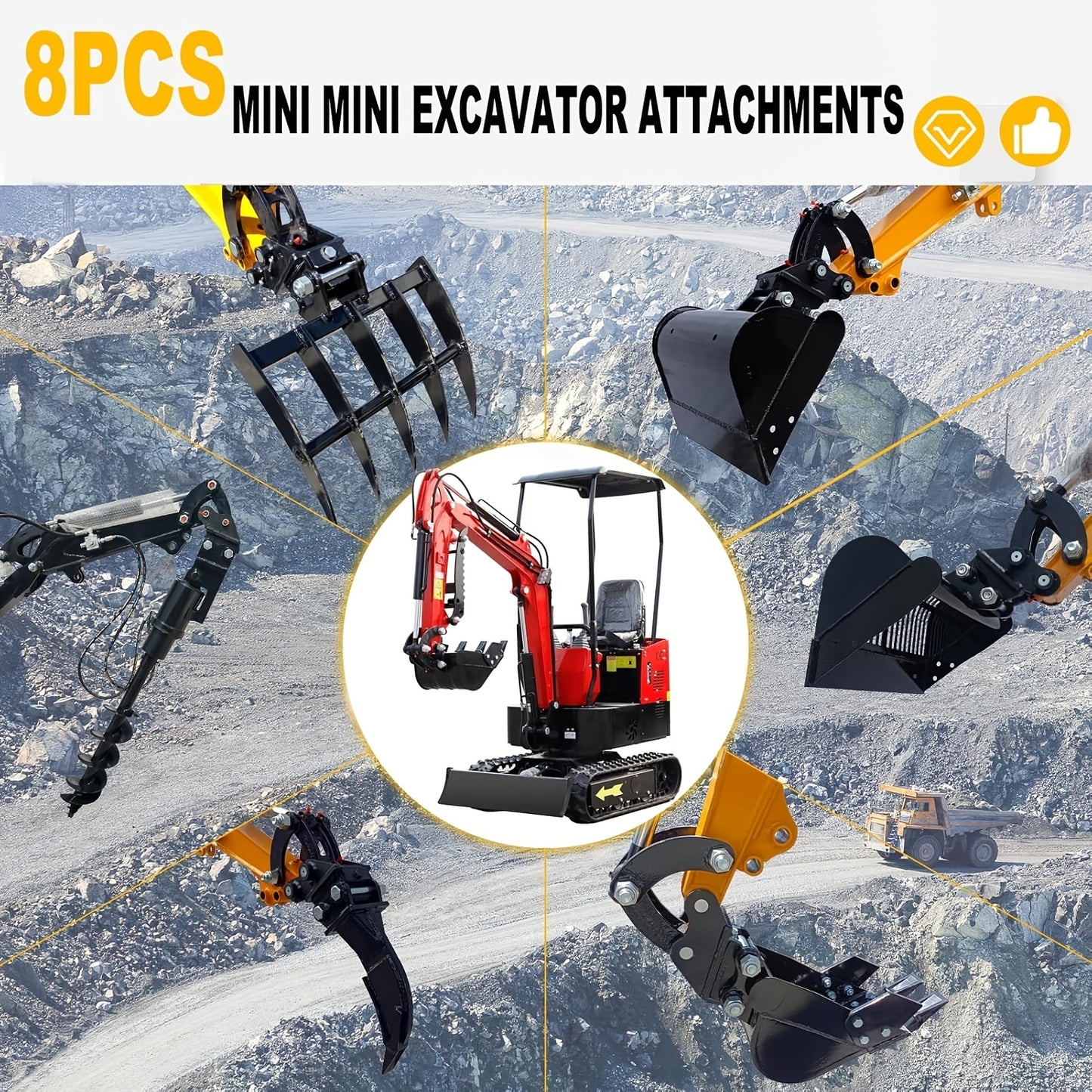 Set of 8 Mini Excavator Attachments Including Quick Hitch, Narrow Bucket, Ripper, Rake, Auger, Grapple, And Screening Bucket for Small Diggers, Available in USA Stock