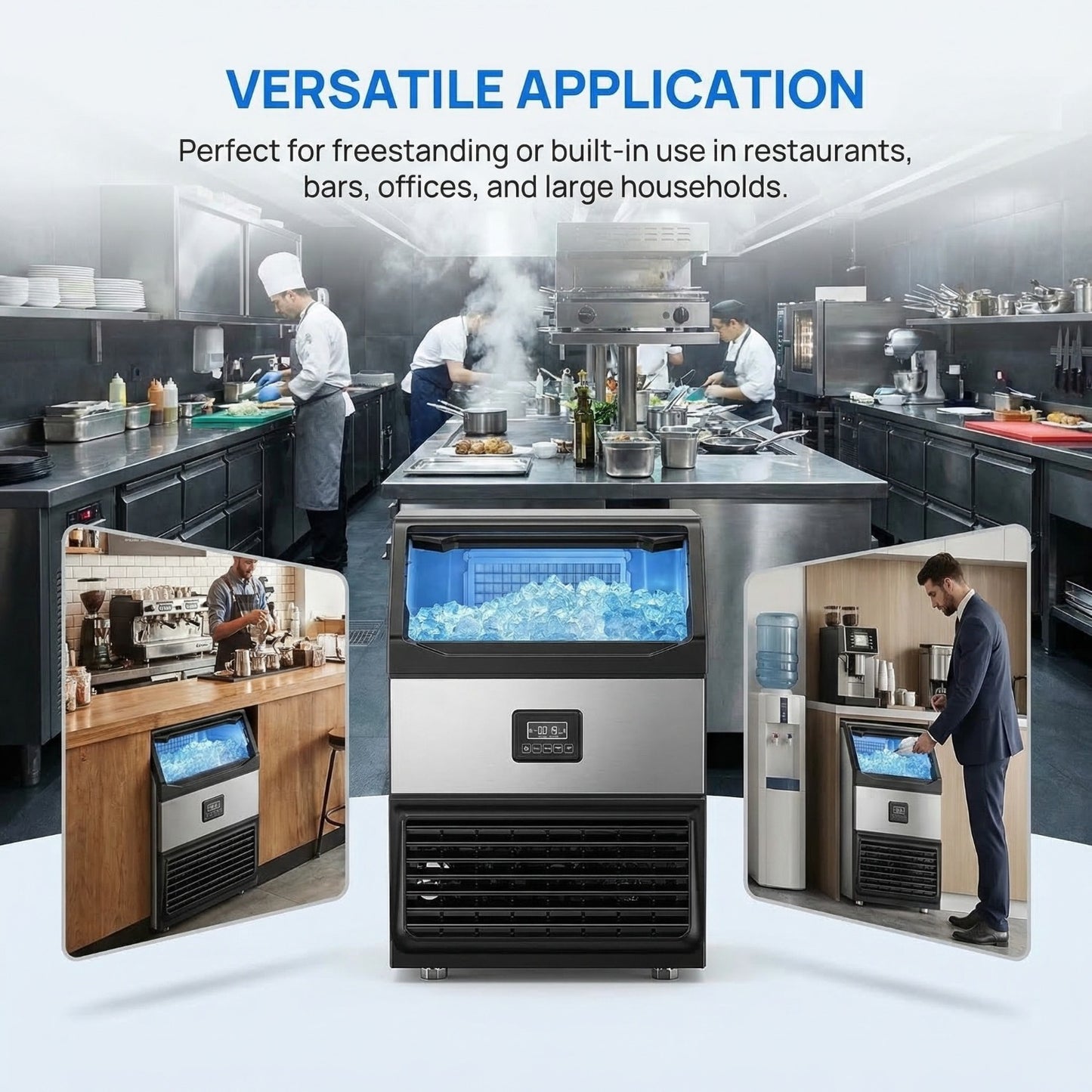 Commercial Ice Maker Machine 440lbs Daily Output, Freestanding Self-Contained Ice Maker with 77lbs Storage Bin, LCD Display Panel with Connection Hoses & Scoop for Home Bar or Office Use