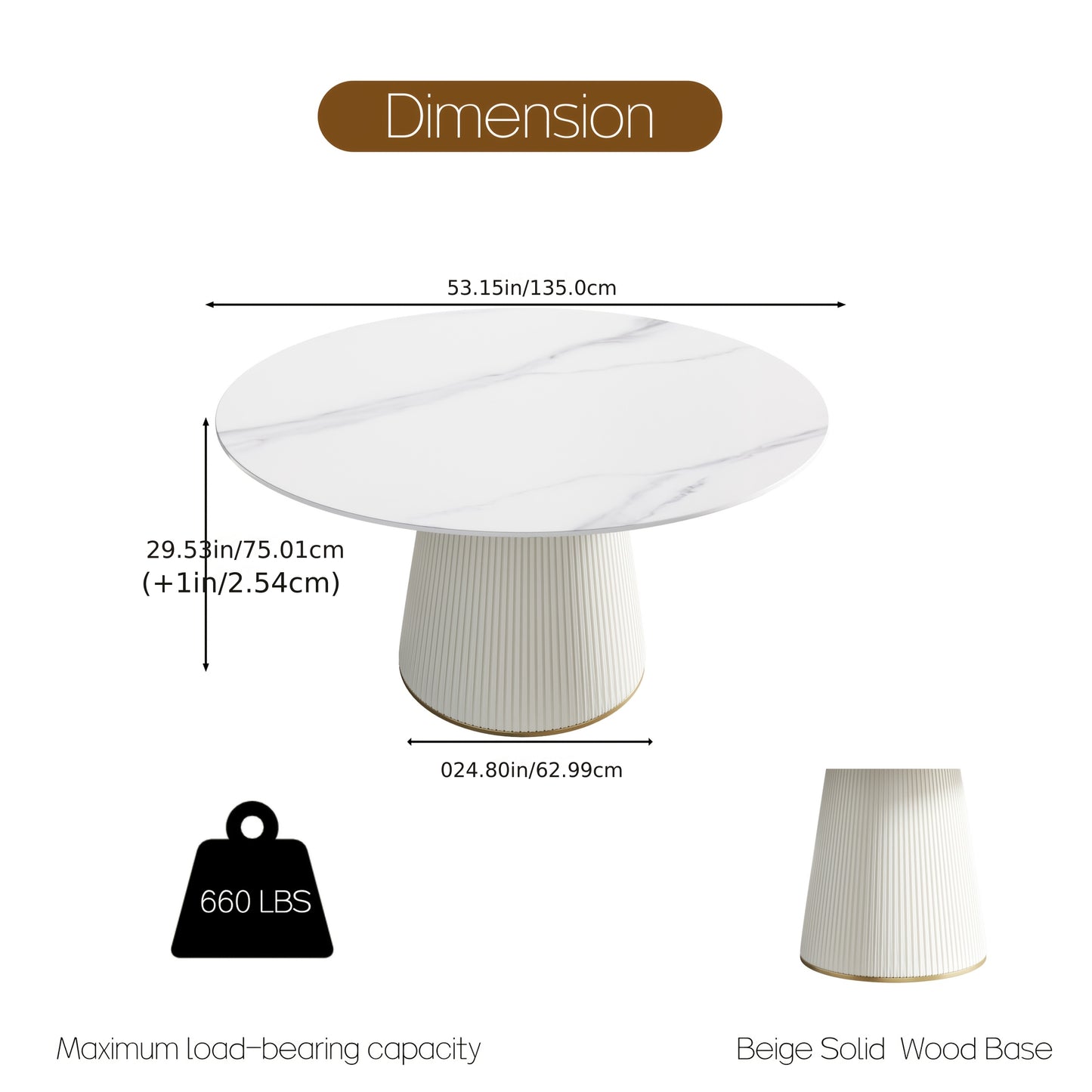 53" Circular Dining Table Suitable for 6-8 People (Table Only, Chairs Not Included), Perfect for Dining Rooms Or Kitchens, Featuring a Glossy Sintered Stone Top And a Beige Solid Wood Base, Ideal for Restaurants As Well