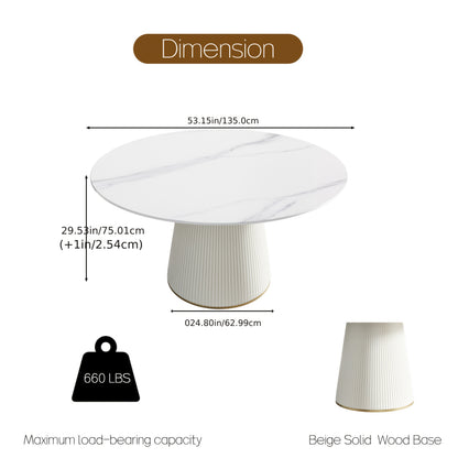 53" Circular Dining Table Suitable for 6-8 People (Table Only, Chairs Not Included), Perfect for Dining Rooms Or Kitchens, Featuring a Glossy Sintered Stone Top And a Beige Solid Wood Base, Ideal for Restaurants As Well