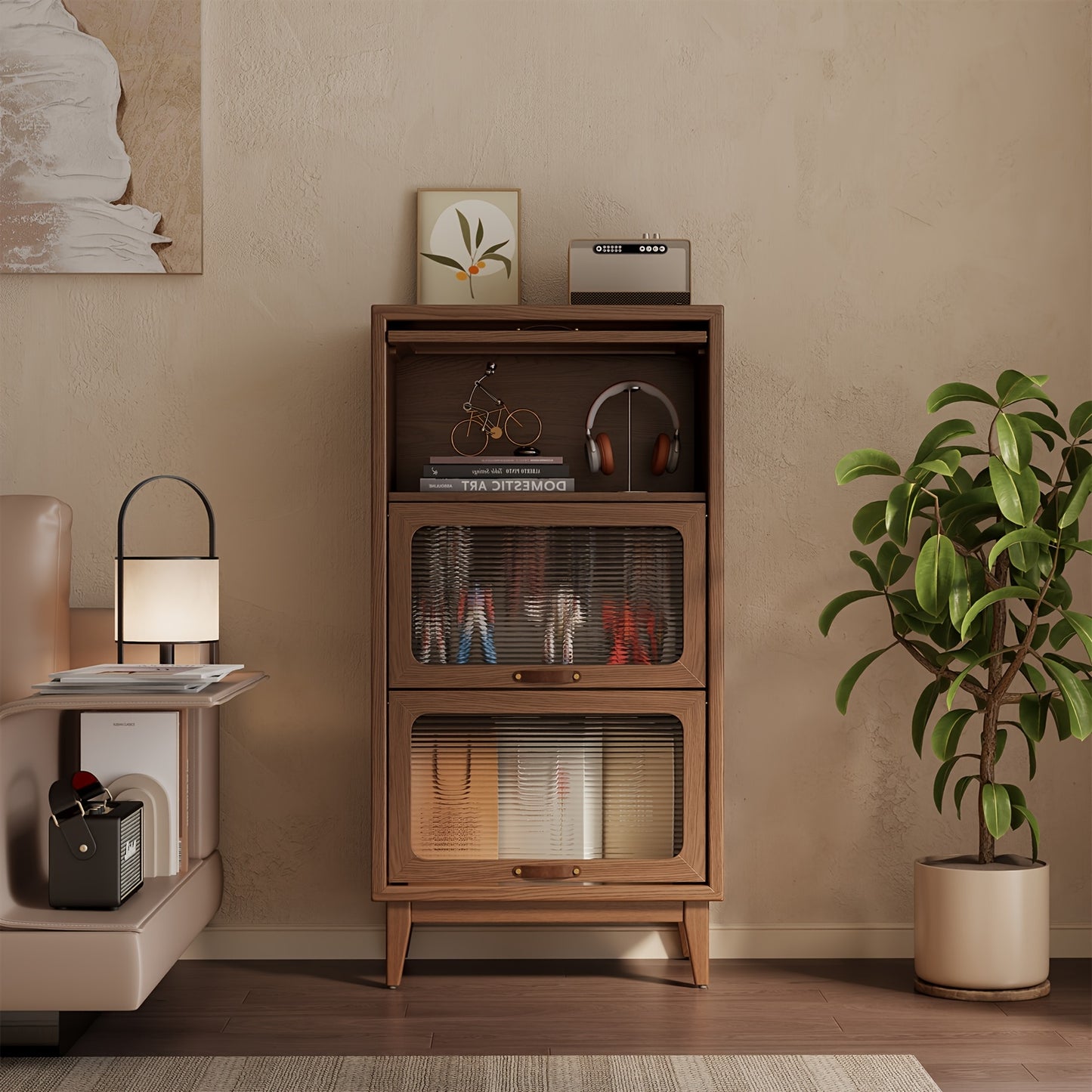 Wooden Bookshelf Multi Layer Bookshelf With Tempered Cabinet Glass Door, Brown Decorative Cube Storage Box, Bookshelf Multi Functional Storage Cabinet, Suitable For Kitchen, Home, Office