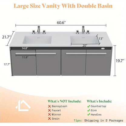 LED Floating Bathroom Double Vanity with Sink Combo, Modern High Gloss Wall Mounted Bathroom Storage Cabinet with 3 Hole Sink&& Metal Handles& Soft Closing Doors