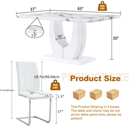 63" Modern Large Luxury Dining Table Set for 6, Kitchen Faux Marble Table Chairs Set Of 6, 63" Rectangle Kitchen Table And 6 PU Leather Upholstered Chairs for Kitchen, Dining Room, Living Room.Easy to Install, Local Warehouse