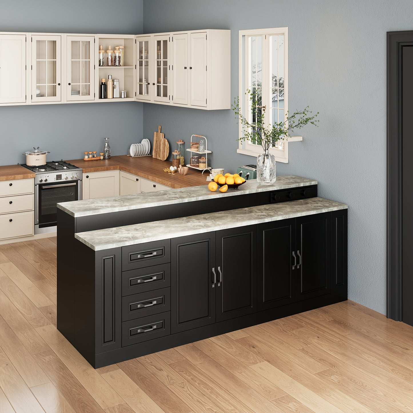 Modern 4-door Kitchen Island with 4 Spacious Drawers And 4 Shelves, Heavy-duty Kitchen Pantry Storage Cabinet with Stone Patterned Tabletop, Stationary Kitchen Table Coffee Bar Dining Table, for Dining Room, Kitchen, Stylish Design, 94, 5''L × 31, 3''D