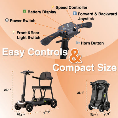 A Lightweight, Foldable Four-wheeled Electric Mobility Scooter Suitable For Seniors And Adults, Equipped With Dual Removable Batteries, Meeting Air Travel Standards, Offering A Long Range, And A Top Speed Of 5 Mph