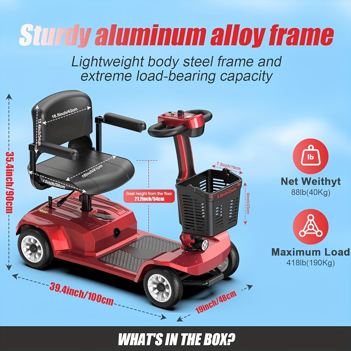 ightweight 4-Wheel Electric Mobility Scooter with Non-Slip All-Terrain Solid Tires, Front Basket, LED Headlight, Foldable Adult Mobility Scooter with Red/Black/Blue/Purple Colors, Senior Transportation, Safety Features Disabled Mobility Aid
