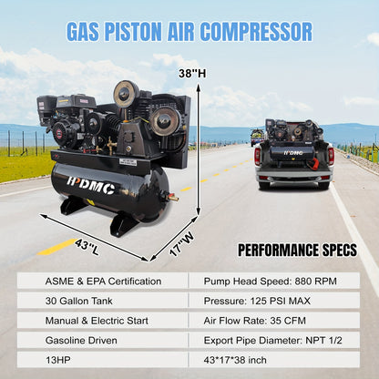 30 Gal Gas Powered Air Compressor 13HP 35CFM Gas Driven Piston Pump Air Compressed System with 125PSI Max. Pressure And ASME Tank for Worksho, Machinery, Construction Sites