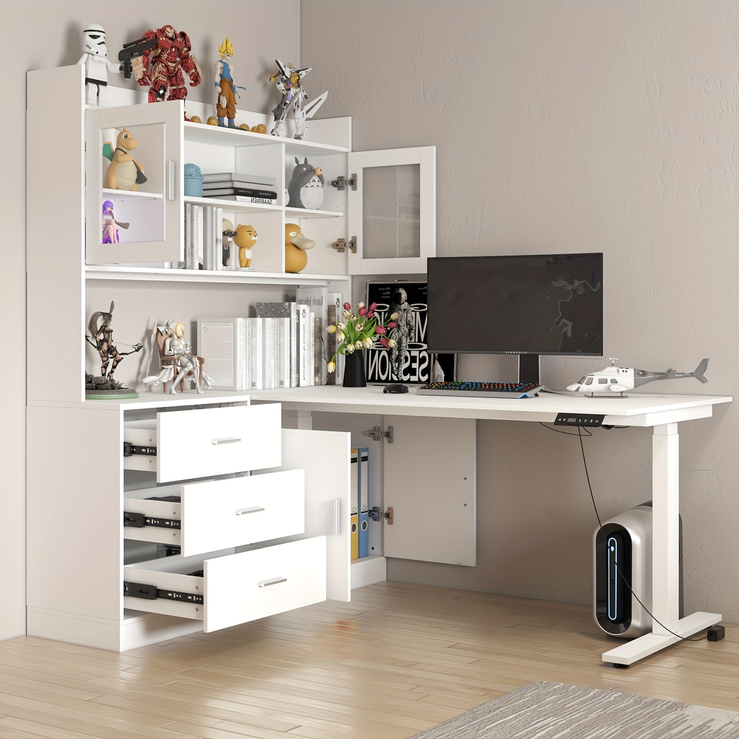 Electric Height Adjustable Computer Desk With 3 Drawers, 1 Cabinet & 2 Open Shelves, L-shaped Computer Desk With Glass Doors & Open Counter, Study Writing Table, For Office, White