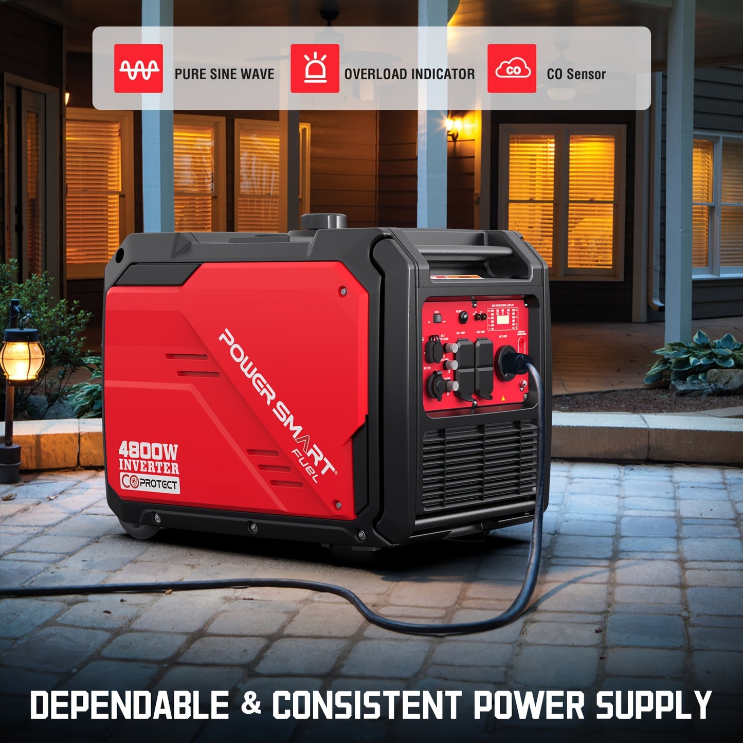 4800 Watt & 3600 Watt Gas Engine Generator for Camping & Emergencies - W/ CO Alarm, Portable, Low Noise, Inverter Generator