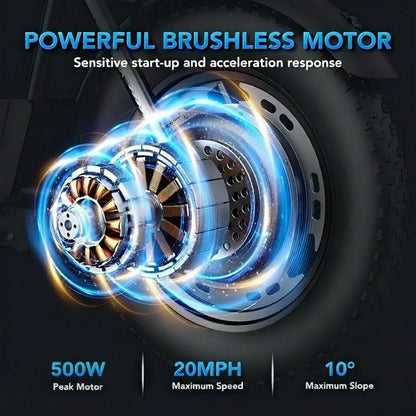 Off-Road Electric Scooter with a Seat, 500W Motor, 20-Inch All-Terrain Tires, a Top Speed of 20 Miles Per Hour, a Range of 30 Miles, a 48V 10.4Ah High-Capacity Battery, a Commuting Electric Scooter Equipped with an LCD Display And Dual Disc Brakes